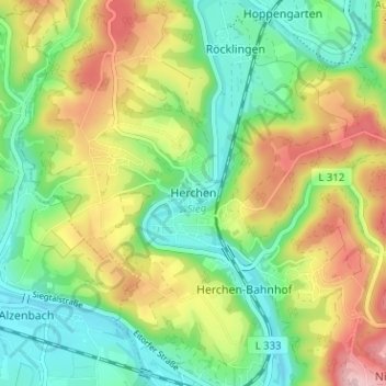 Mapa topográfico Herchen, altitud, relieve
