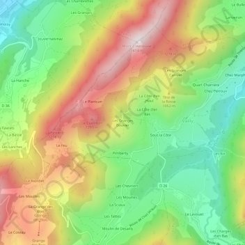 Mapa topográfico Les Granges Bouvier, altitud, relieve