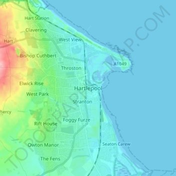 Mapa topográfico Hartlepool, altitud, relieve
