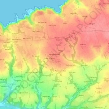 Mapa topográfico Penn ar Menez, altitud, relieve