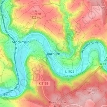 Mapa topográfico Ruchsen, altitud, relieve