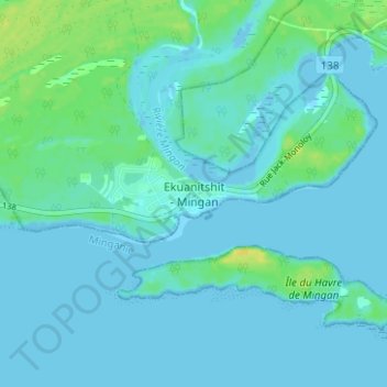 Mapa topográfico Mingan, altitud, relieve