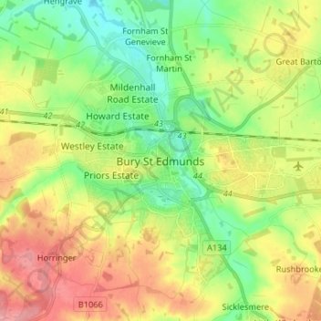 Mapa topográfico Bury St Edmunds, altitud, relieve