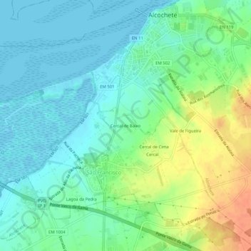 Mapa topográfico Cercal de Baixo, altitud, relieve