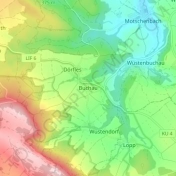 Mapa topográfico Buchau, altitud, relieve