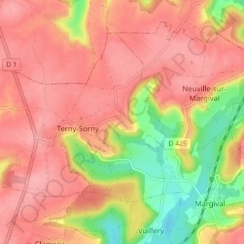Mapa topográfico Sorny, altitud, relieve