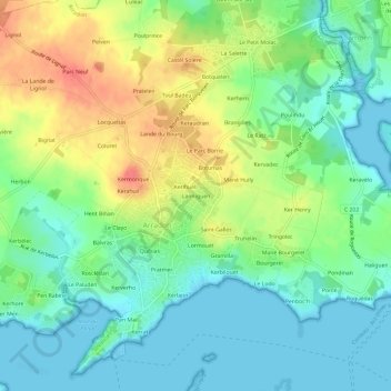 Mapa topográfico Lanniguen, altitud, relieve