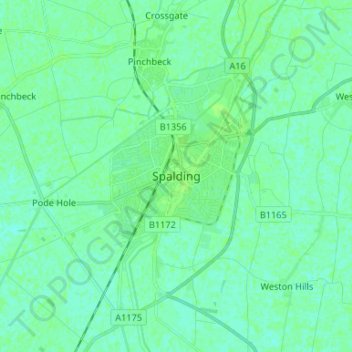 Mapa topográfico Spalding, altitud, relieve