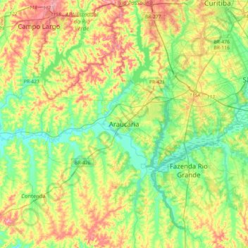 Mapa topográfico Araucária, altitud, relieve