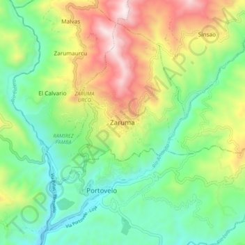 Mapa topográfico Zaruma, altitud, relieve