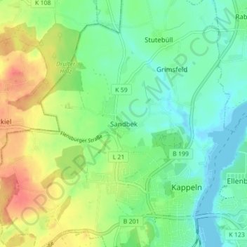 Mapa topográfico Sandbek, altitud, relieve