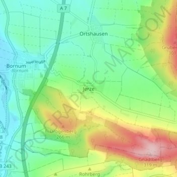 Mapa topográfico Jerze, altitud, relieve