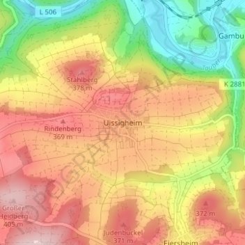 Mapa topográfico Uissigheim, altitud, relieve