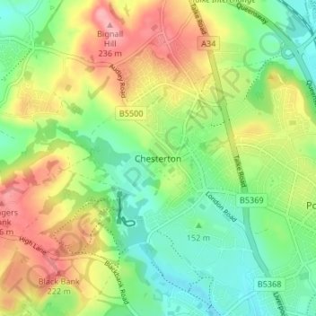 Mapa topográfico Chesterton, altitud, relieve
