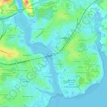 Mapa topográfico Kerhono, altitud, relieve