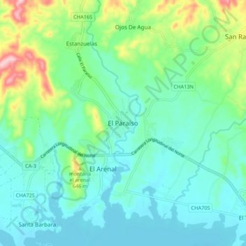Mapa topográfico El Paraíso, altitud, relieve