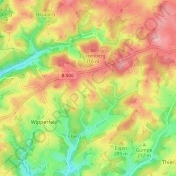 Mapa topográfico Grüterich, altitud, relieve