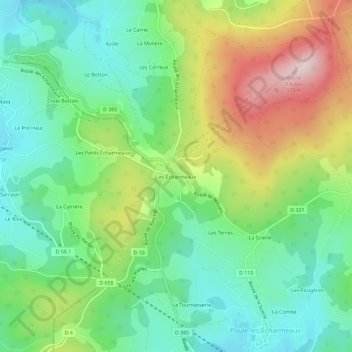 Mapa topográfico Les Écharmeaux, altitud, relieve