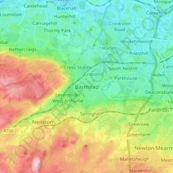 Mapa topográfico Barrhead, altitud, relieve