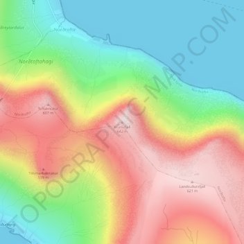 Mapa topográfico Krúnufjall, altitud, relieve
