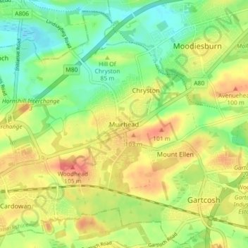 Mapa topográfico Muirhead, altitud, relieve