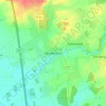 Mapa topográfico Stenderupau, altitud, relieve