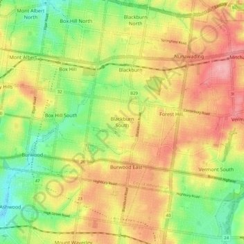 Mapa topográfico Blackburn South, altitud, relieve