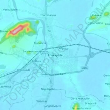Mapa topográfico Anakapalle, altitud, relieve