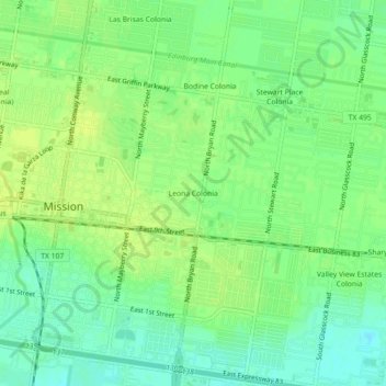 Mapa topográfico Leona Colonia, altitud, relieve