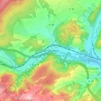 Mapa topográfico Sechshelden, altitud, relieve