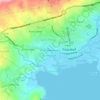Mapa topográfico Purok Makiangayon, altitud, relieve