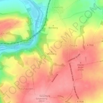 Mapa topográfico Mühlberg, altitud, relieve