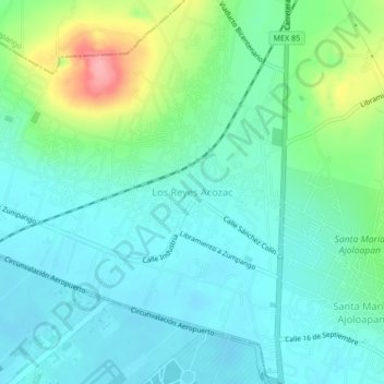 Mapa topográfico Los Reyes Acozac, altitud, relieve