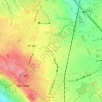 Mapa topográfico Barnston, altitud, relieve