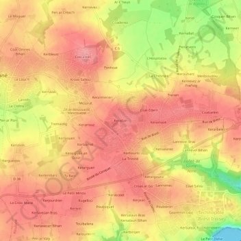 Mapa topográfico Kerallan, altitud, relieve