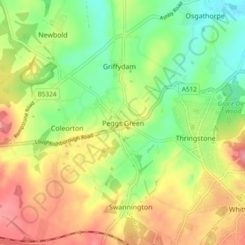 Mapa topográfico Peggs Green, altitud, relieve