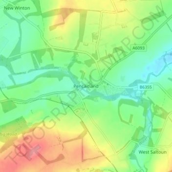 Mapa topográfico Pencaitland, altitud, relieve