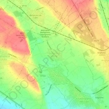 Mapa topográfico Giuliano di Lecce, altitud, relieve