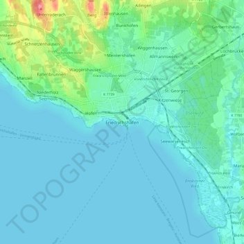 Mapa topográfico Friedrichshafen, altitud, relieve