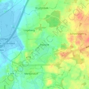 Mapa topográfico Beusloe, altitud, relieve