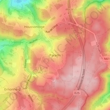 Mapa topográfico Paradis, altitud, relieve