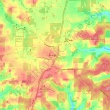 Mapa topográfico Manjimup, altitud, relieve