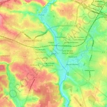 Mapa topográfico Laval, altitud, relieve