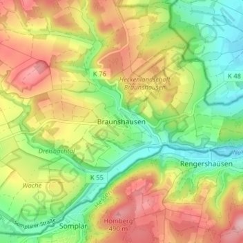 Mapa topográfico Braunshausen, altitud, relieve