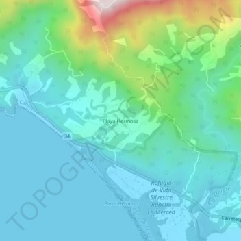 Mapa topográfico Playa Hermosa, altitud, relieve