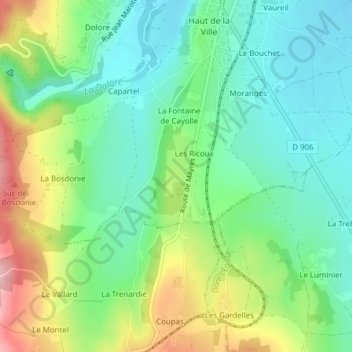 Mapa topográfico Ricoux, altitud, relieve