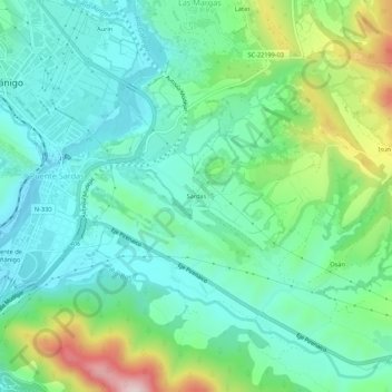 Mapa topográfico Sardas, altitud, relieve