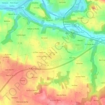 Mapa topográfico Kergonan, altitud, relieve