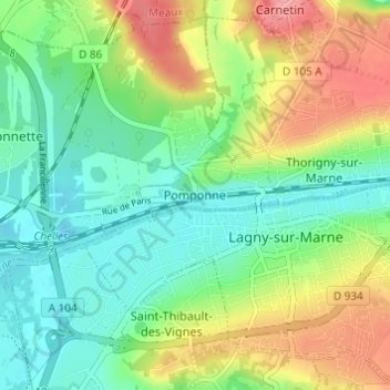 Mapa topográfico Pomponne, altitud, relieve