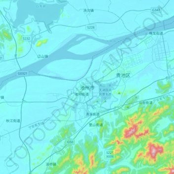 Mapa topográfico Chizhou, altitud, relieve